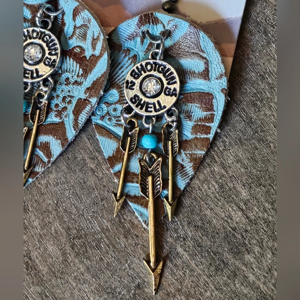 NWT Turquoise, Bronze Arrow Earrings With Shotgun Shell Genuine Leather